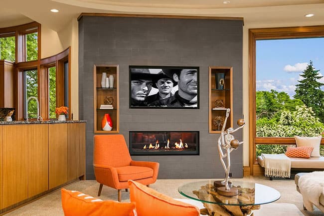 Luxury Mercer Island home with orange color accent chairs