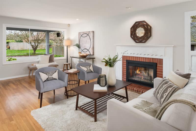 Midcentury home's staged living room in Wedgwood, Seattle