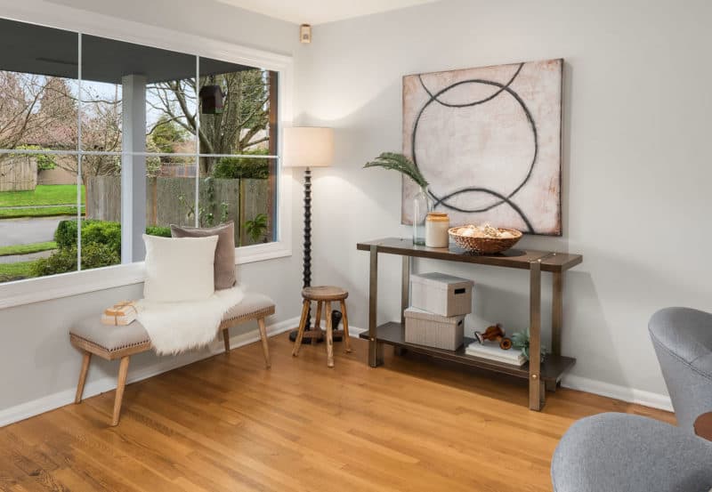 Midcentury home's staged living room in Wedgwood, Seattle