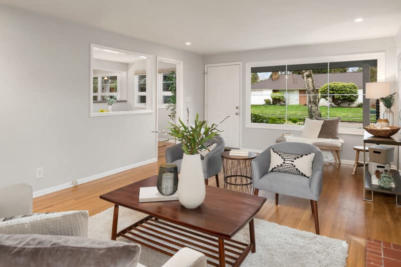 Midcentury home's staged living room in Wedgwood, Seattle