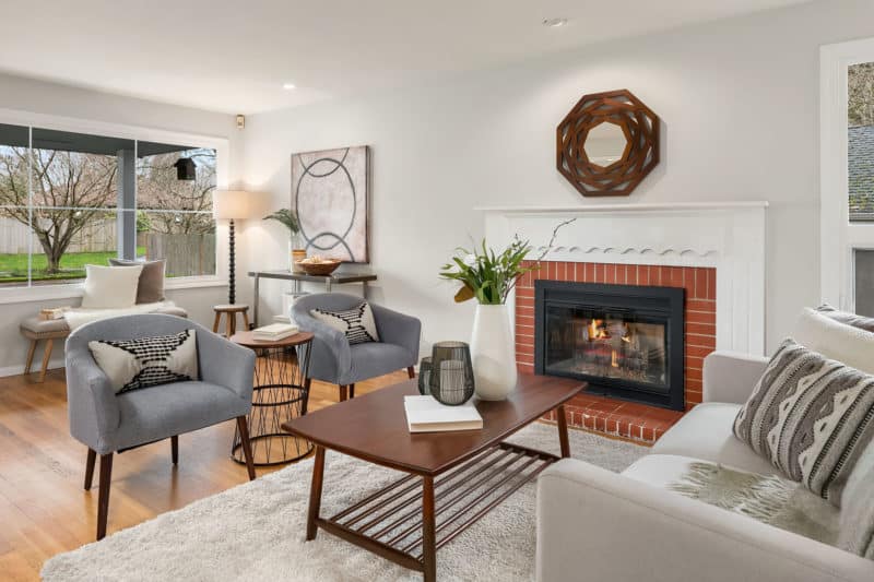 Midcentury home's staged living room in Wedgwood, Seattle