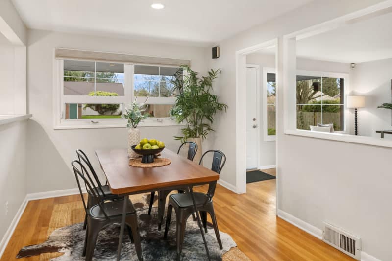 dining area in hip wedgwood midcentury home seattle