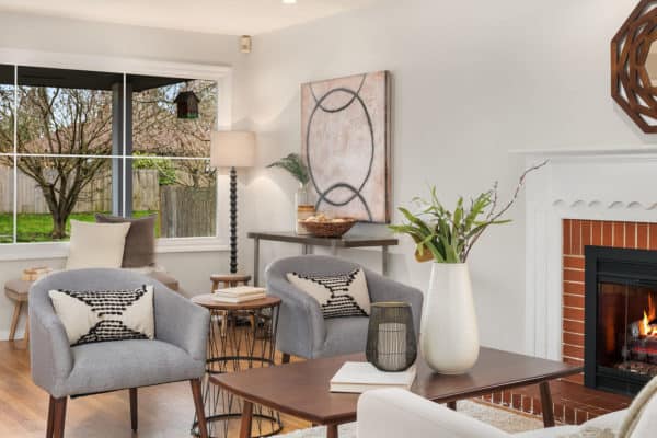 Midcentury home's staged living room in Wedgwood, Seattle