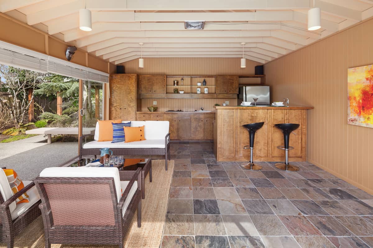 outdoor lounge area in midcentury home