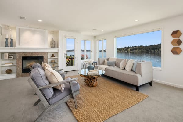 staged living room with water views