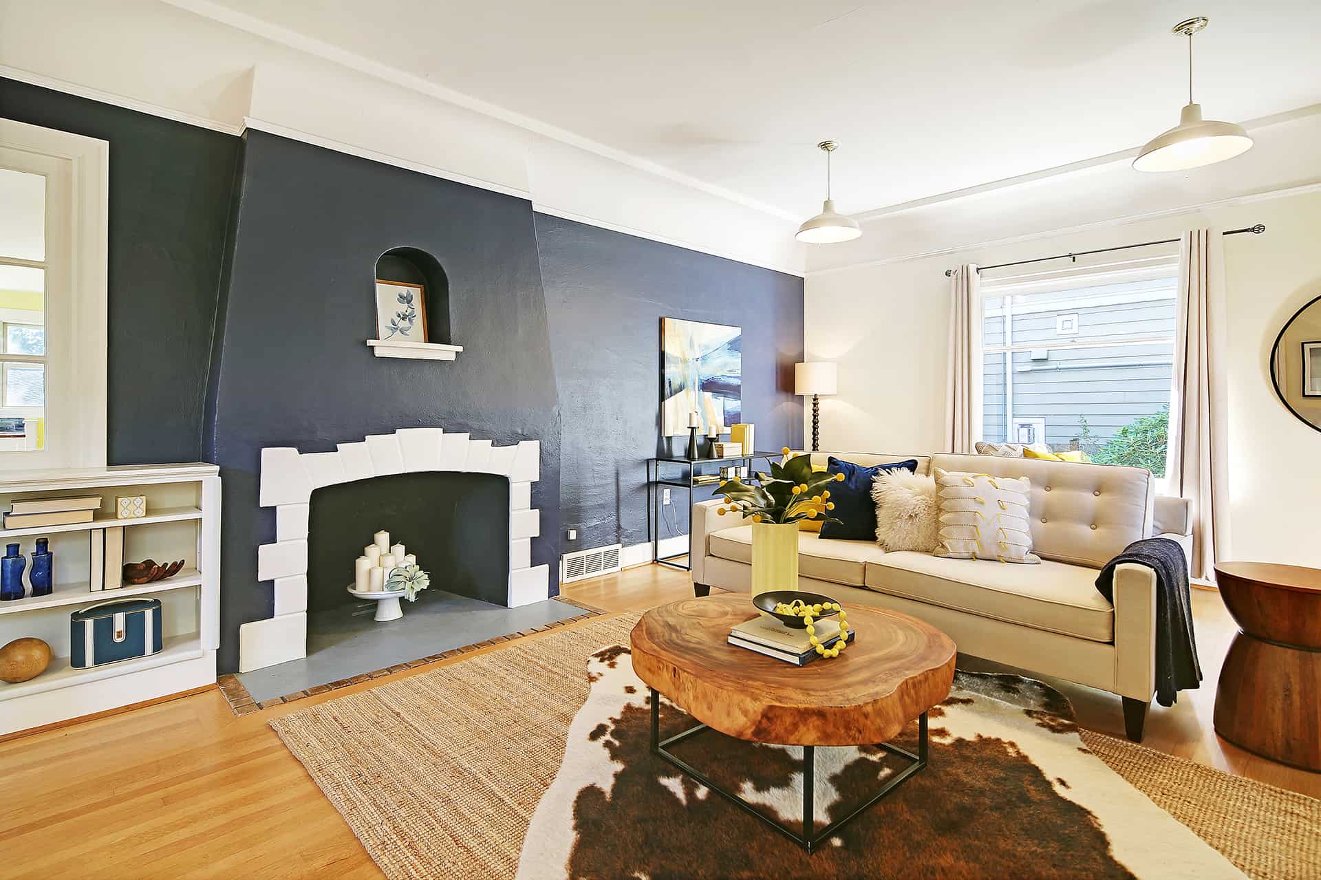 Craftsman living room with dark navy walls. 