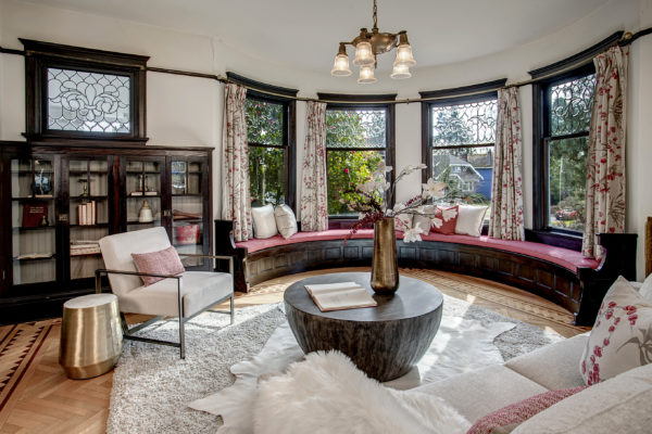 staged library and reading lounge in beautiful victorian home in Seattle