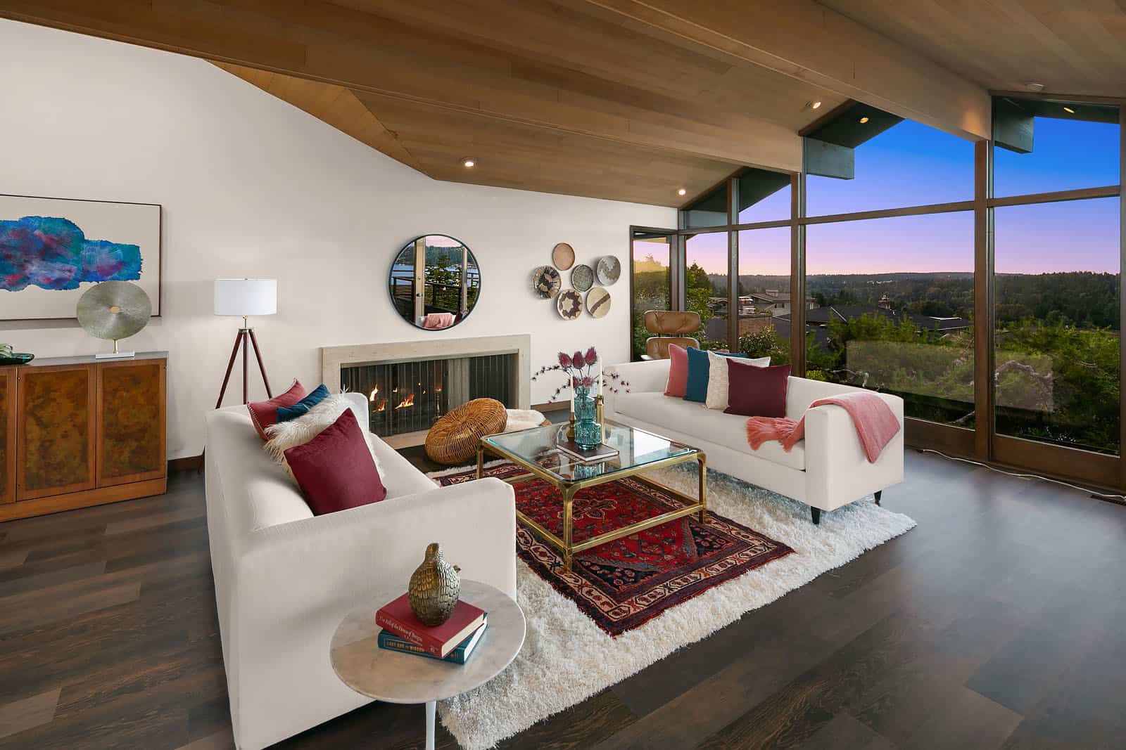 living room with burgundy and blue accents