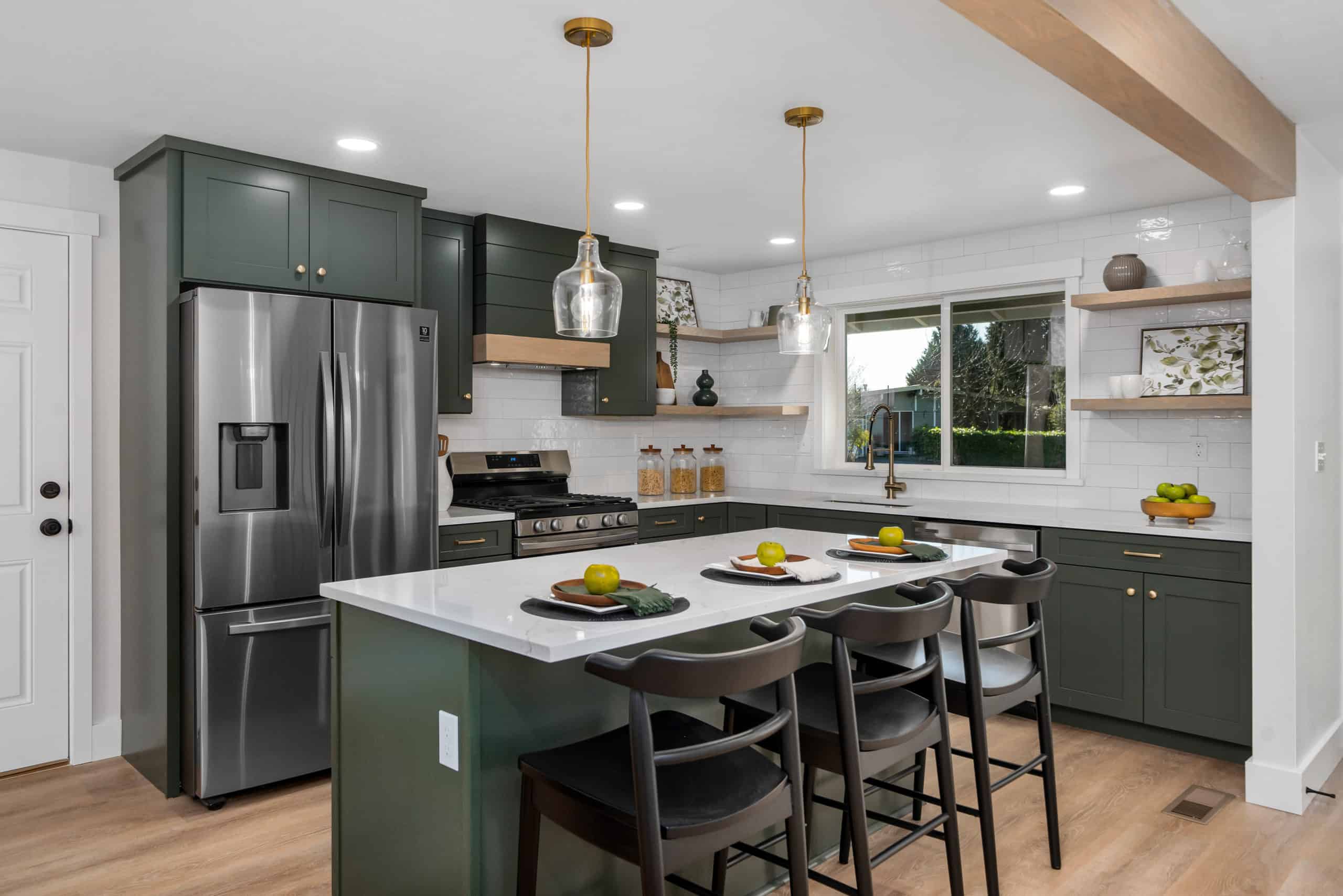 kitchen with island and gray cabinets