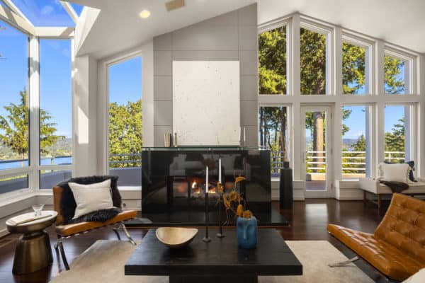 modern living room with ceiling high windows