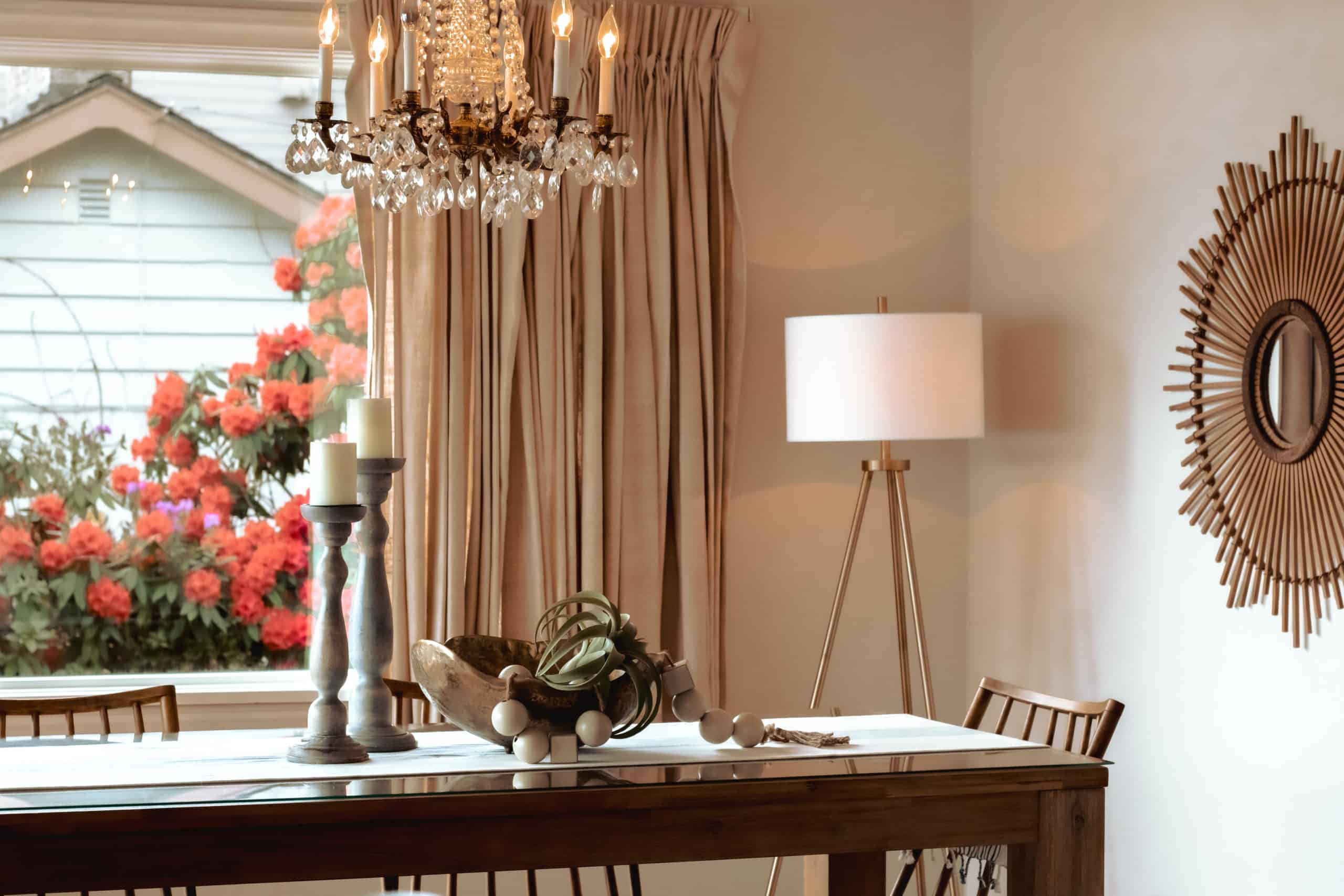 interior design of transitional dining room with neutral accents