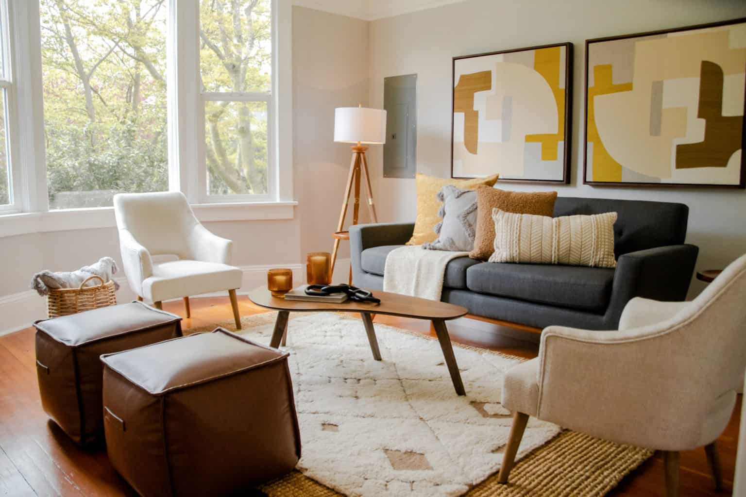 scandi living room interior design with yellow accents