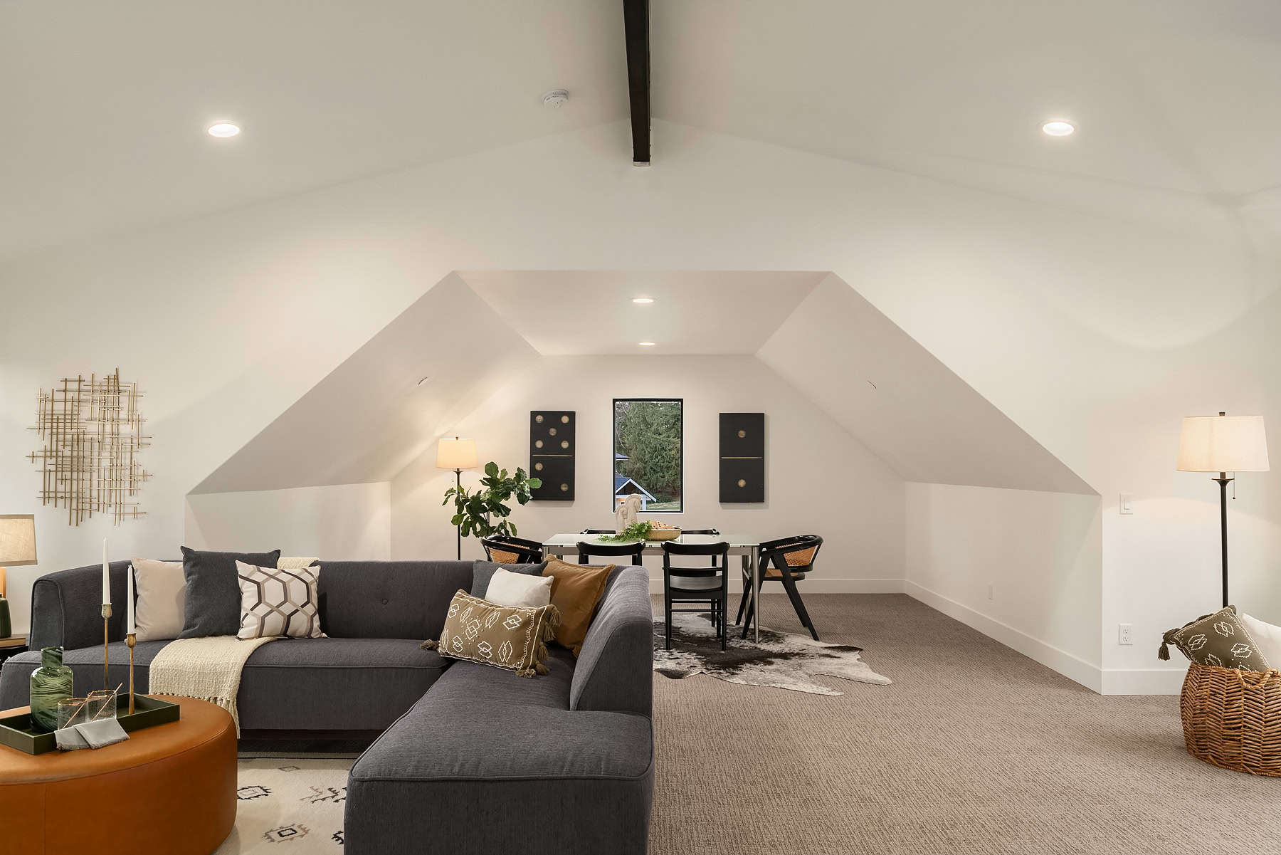 staged attic room lounge area