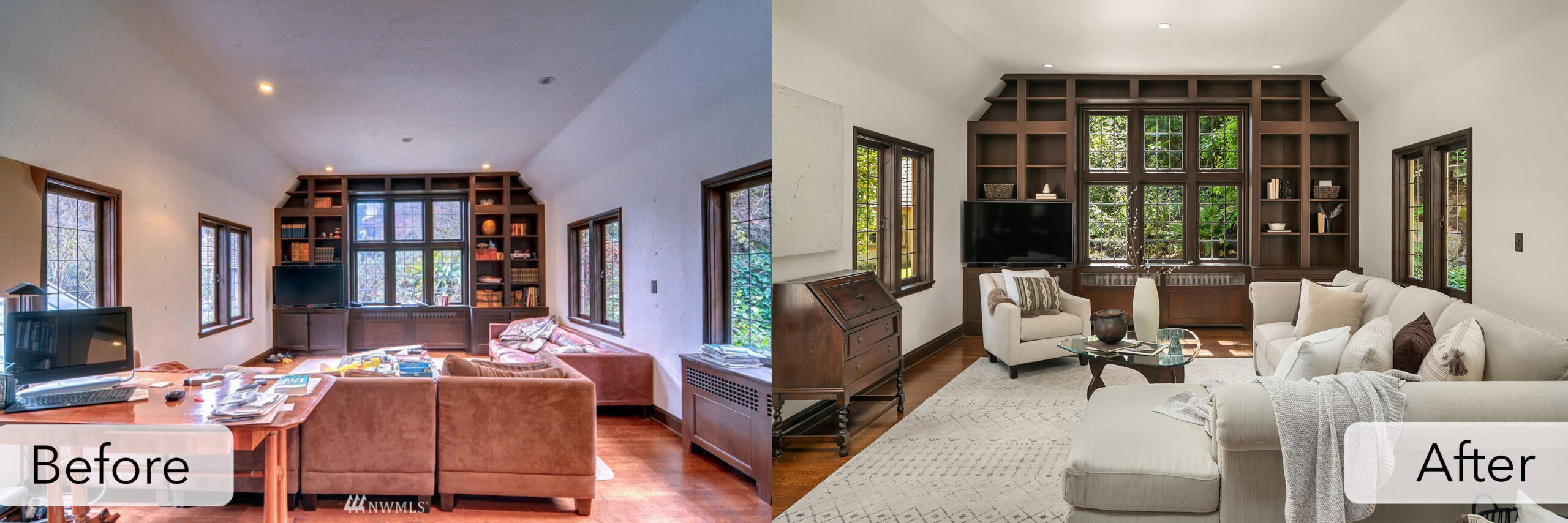 luxury mercer island home family room before and after