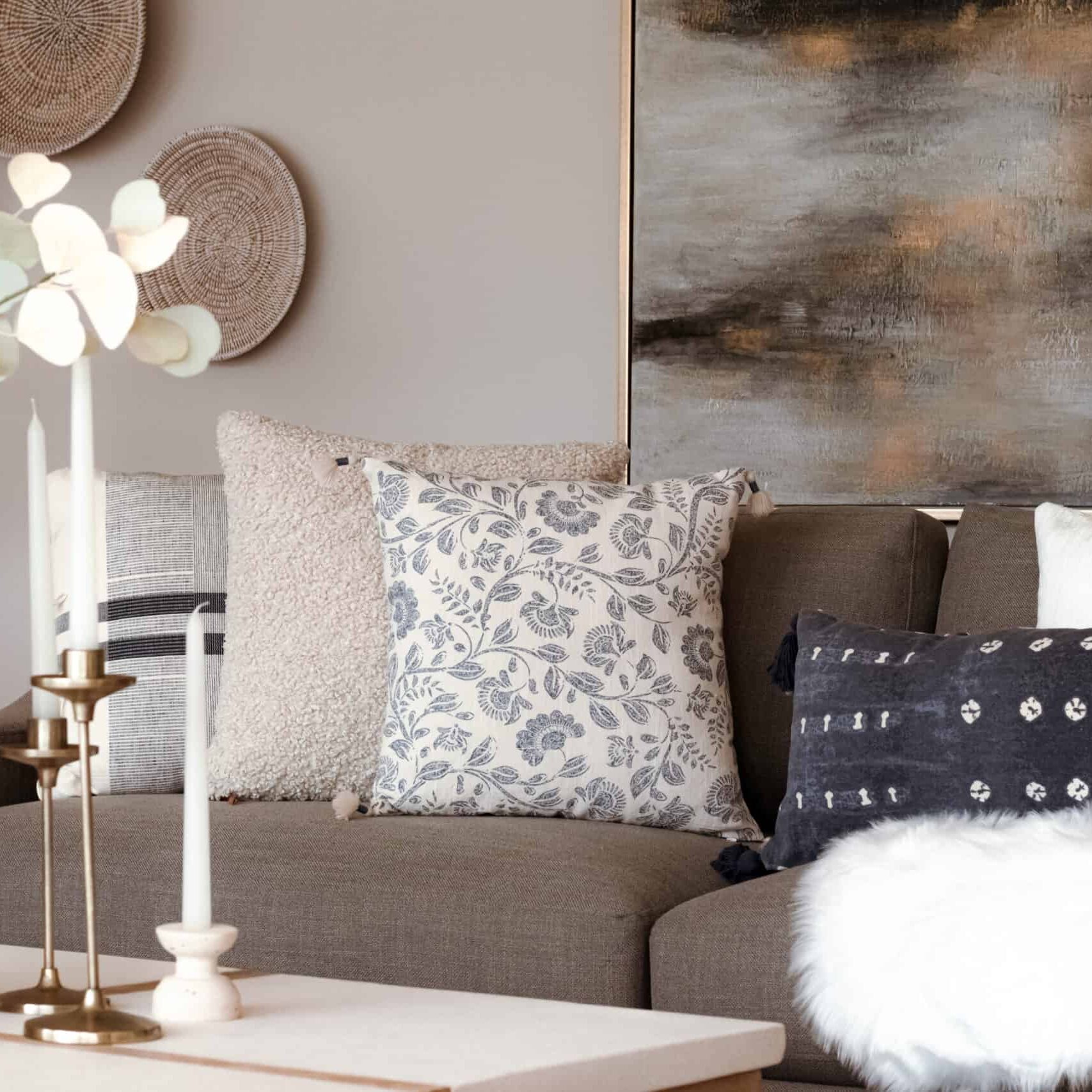 interior design details with soft browns and blue accents